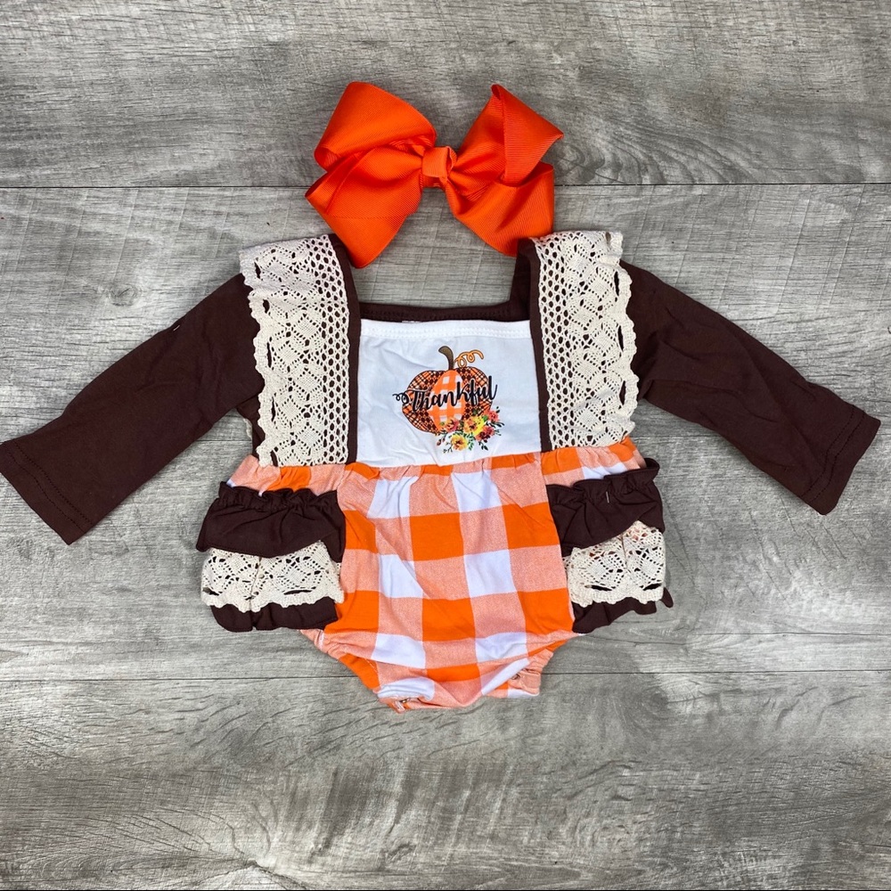 Baby girls boutique thankful pumpkin romper